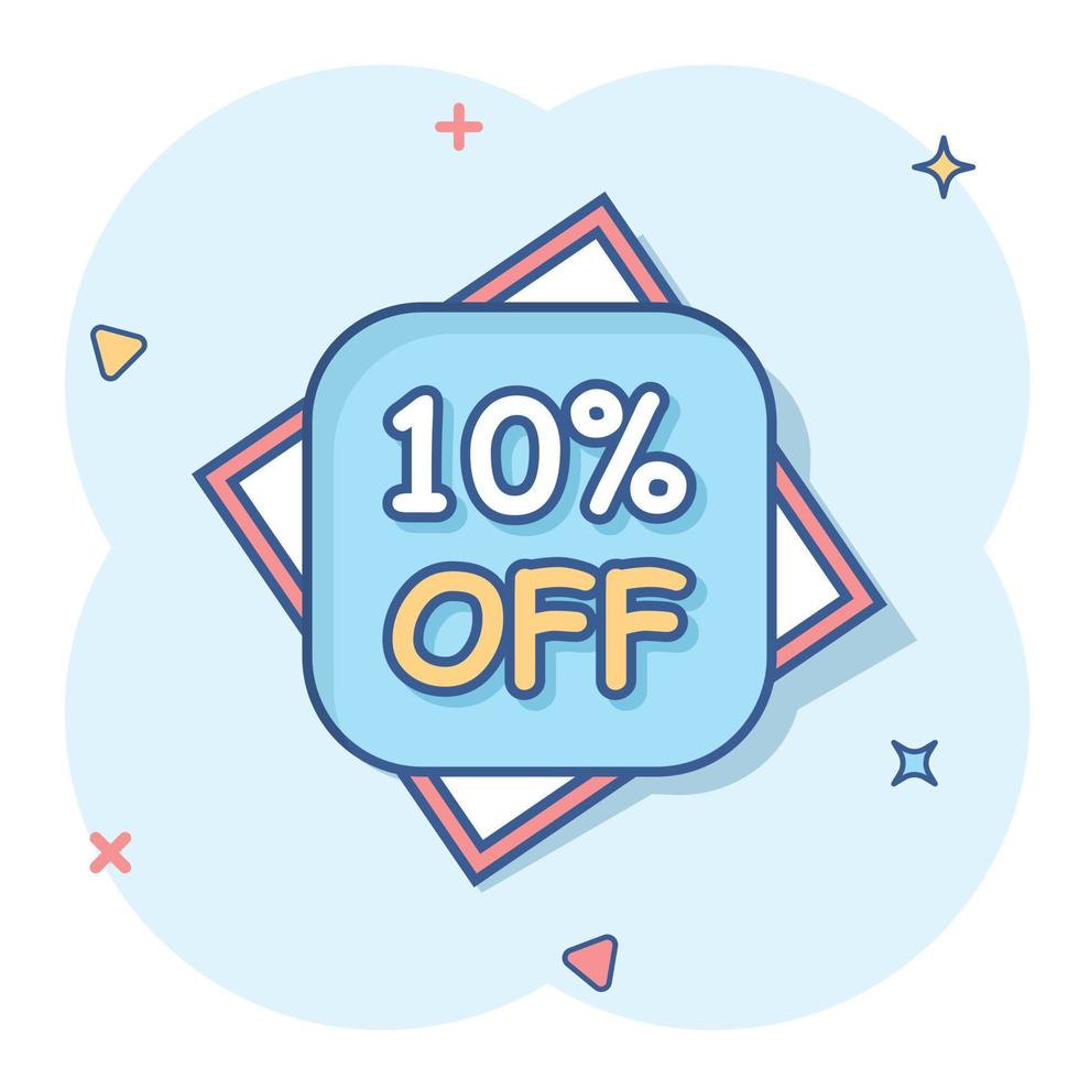 10 percent off sale label icon in comic style. Discount banner with clock cartoon vector illustration on isolated background. Promo sign business concept splash effect.