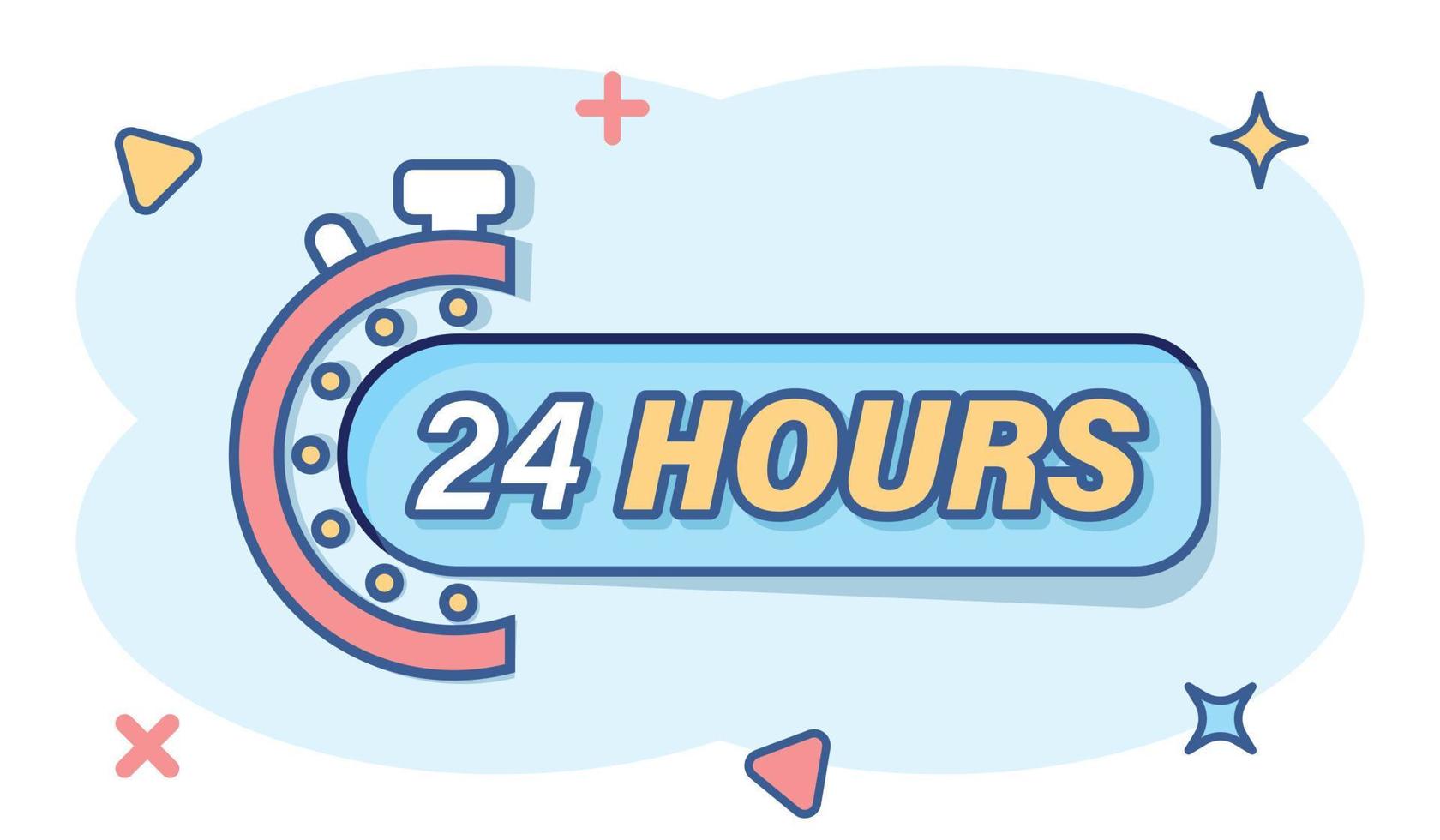 24 hours service icon in comic style. All day business and service cartoon vector illustration on isolated background. Quick service time splash effect sign business concept.