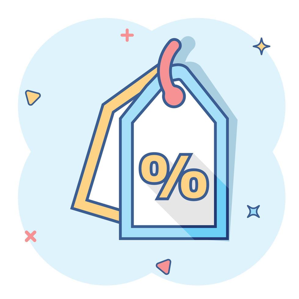 Vector cartoon discount percent tag icon in comic style. Price sale concept illustration pictogram. Promotion coupon business splash effect concept.