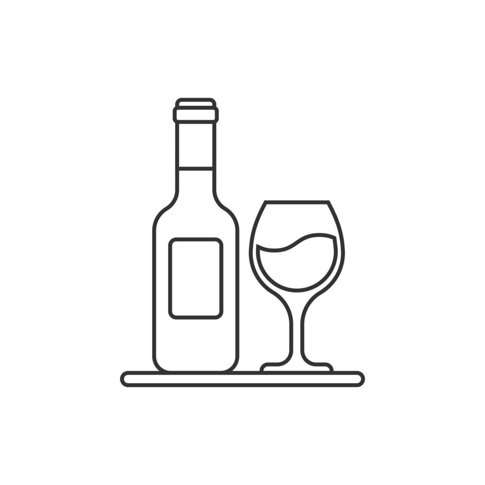 Wine glass and bottle icon in flat style. Champagne beverage vector illustration on isolated background. Cocktail drink sign business concept.