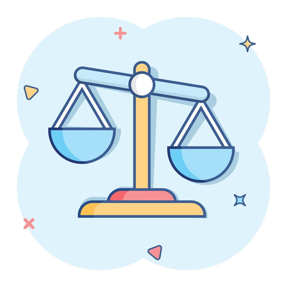 Scale comparison icon in comic style. Balance weight vector cartoon illustration pictogram. Scale compare business concept splash effect.