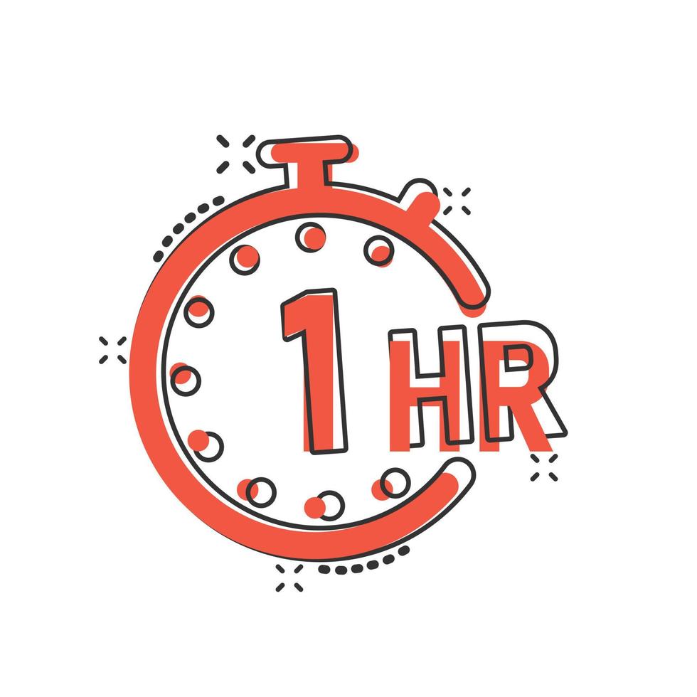 1 hour clock icon in comic style. Timer countdown cartoon vector illustration on isolated background. Time measure splash effect sign business concept.