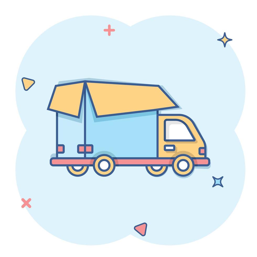 Shipping fast icon in comic style. Delivery truck cartoon vector illustration on isolated background. Express logistic splash effect sign business concept.