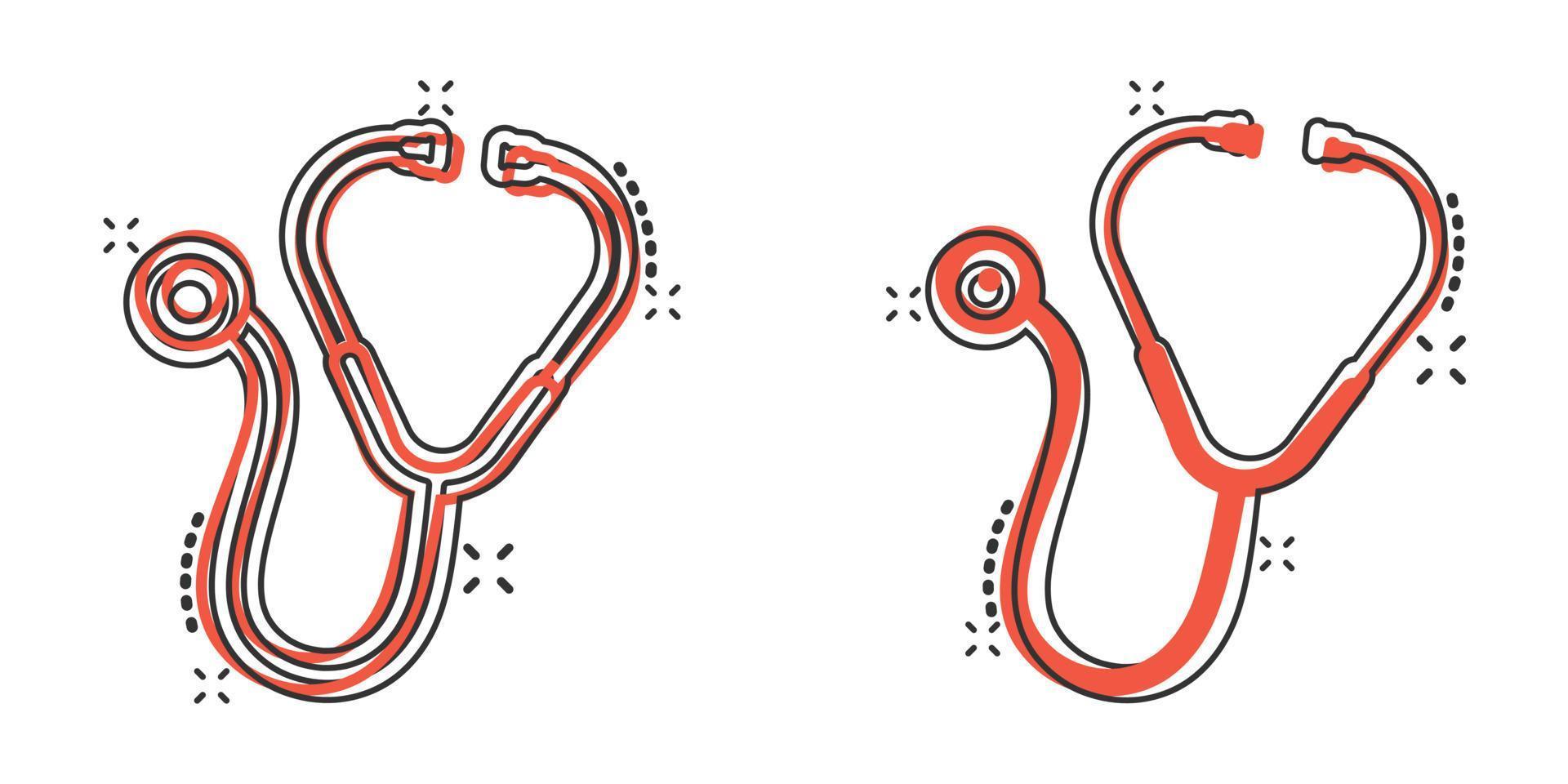 icono de estetoscopio en estilo cómico. ilustración de vector de dibujos animados de diagnóstico de corazón sobre fondo aislado. concepto de negocio de signo de efecto de salpicadura de medicina.