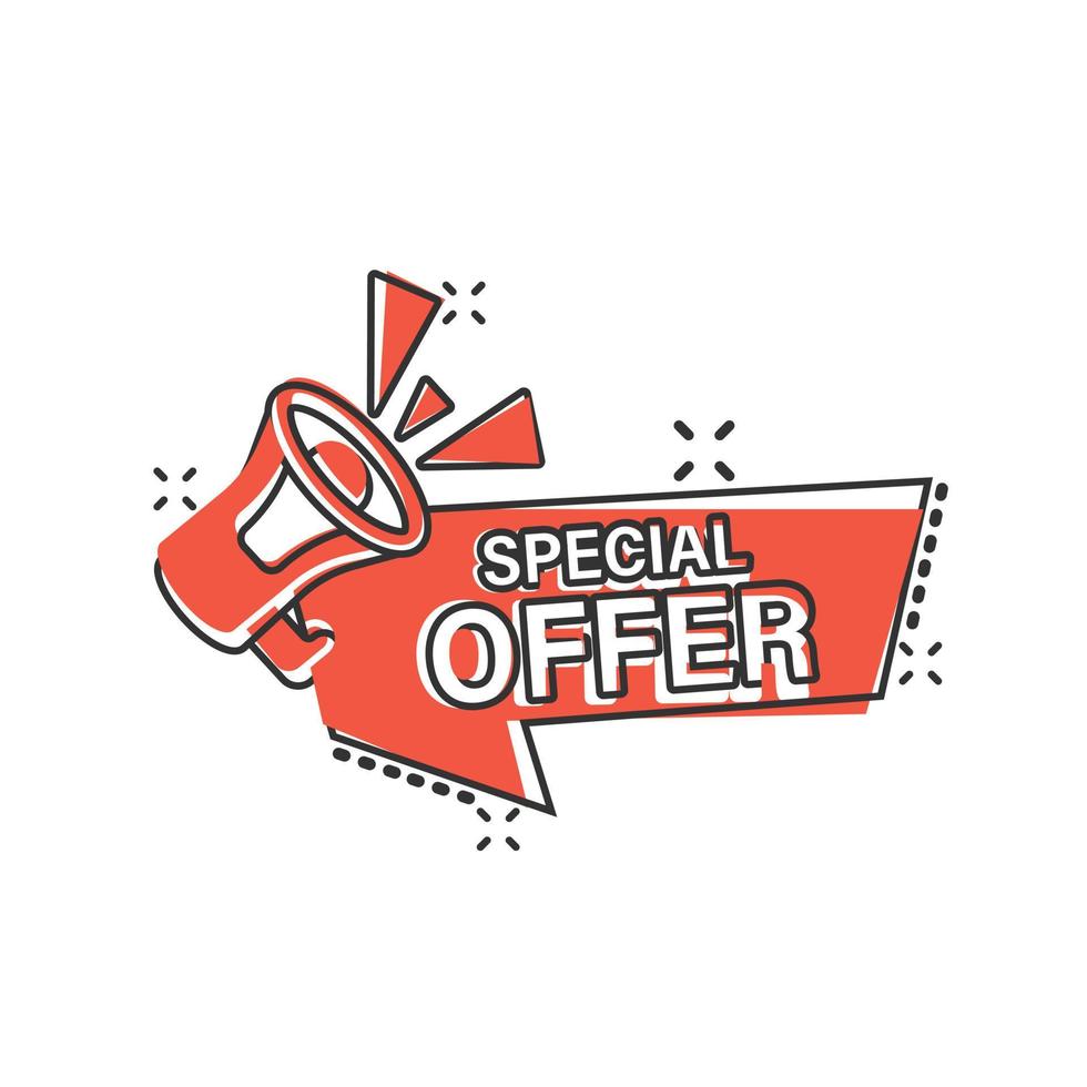 Special offer label icon in comic style. Megaphone with discount cartoon vector illustration on isolated background. Sale splash effect sign business concept.