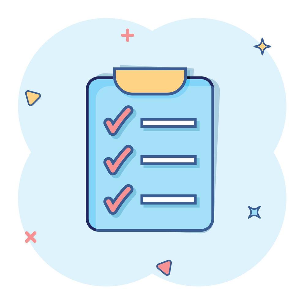 Vector cartoon to do list icon in comic style. Checklist, task list sign illustration pictogram. Reminder business splash effect concept.