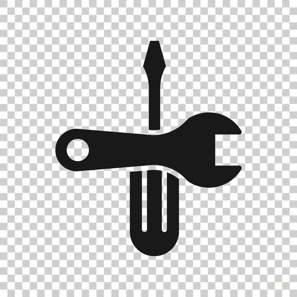 Wrench and screwdriver icon in flat style. Spanner key vector illustration on white isolated background. Repair equipment business concept.