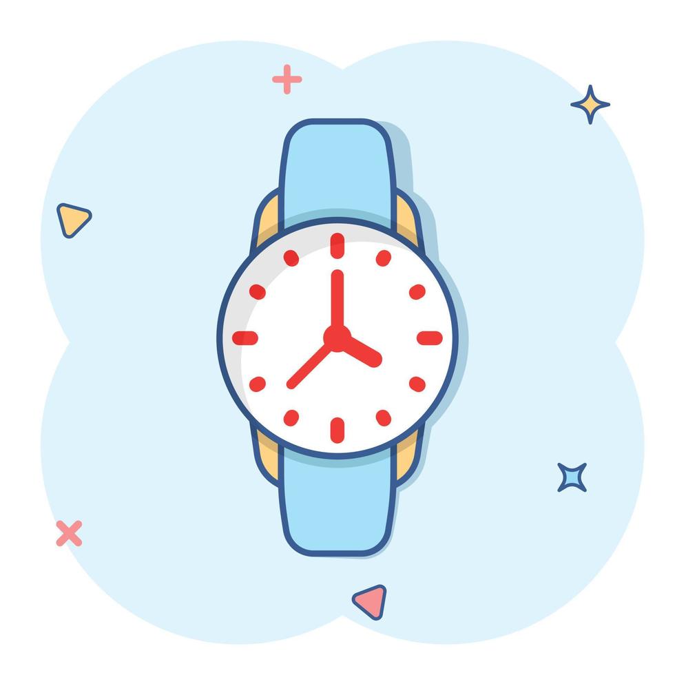 Wrist watch icon in comic style. Hand clock cartoon vector illustration on white isolated background. Time bracelet splash effect business concept.