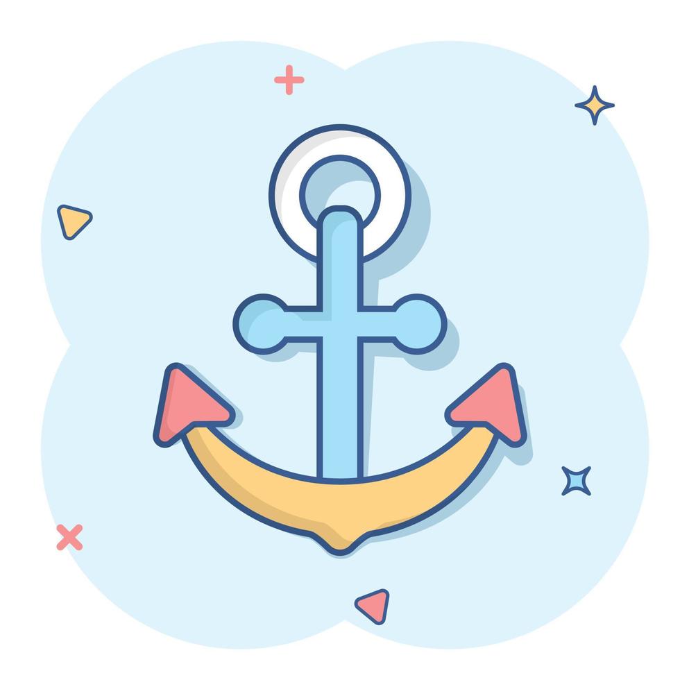 icono de signo de ancla de barco en estilo cómico. ilustración de dibujos animados de vector de equipo marítimo sobre fondo blanco aislado. efecto de salpicadura del concepto de negocio de seguridad marítima.