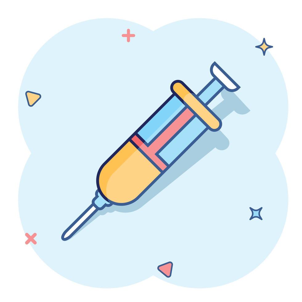 Syringe icon in comic style. Coronavirus vaccine inject cartoon vector illustration on isolated background. Covid-19 vaccination splash effect sign business concept.