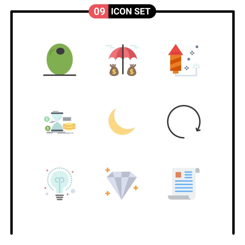 Pack of 9 Modern Flat Colors Signs and Symbols for Web Print Media such as night coins event time management Editable Vector Design Elements