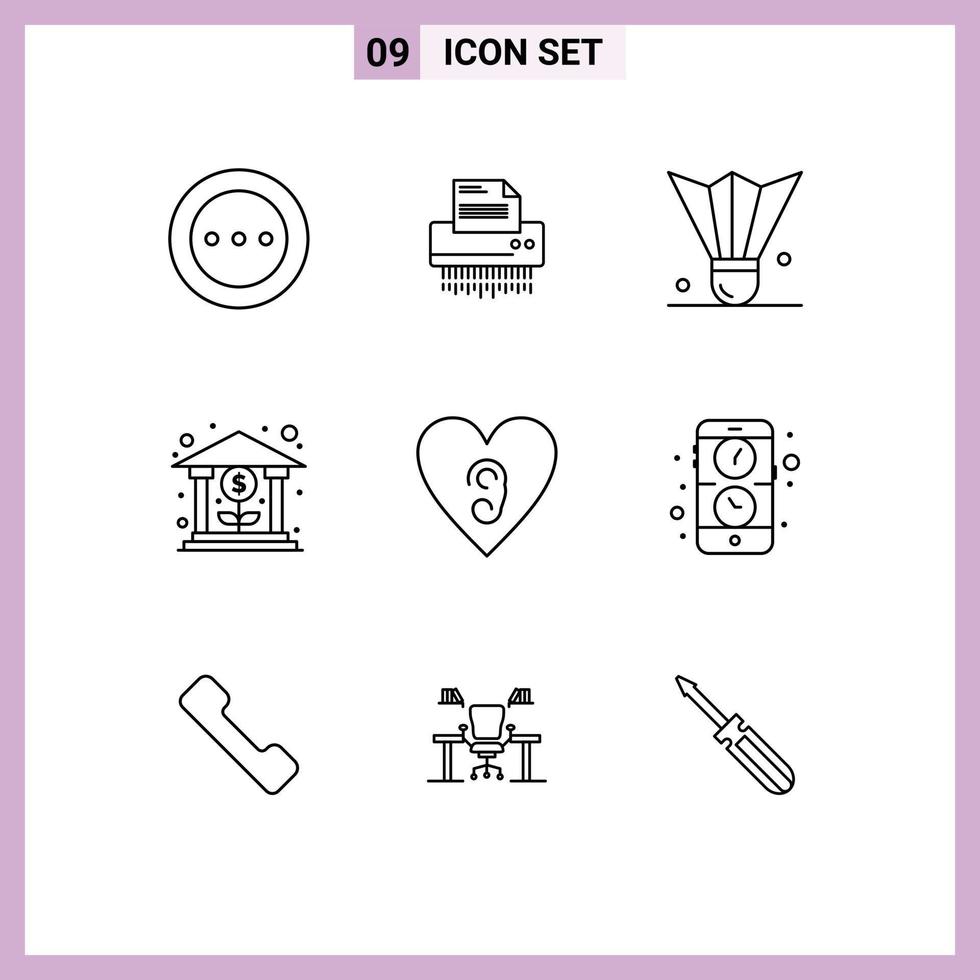 paquete de iconos de vector de stock de 9 signos y símbolos de línea para elementos de diseño de vector editables de bádminton de volante de archivo de volante de banco