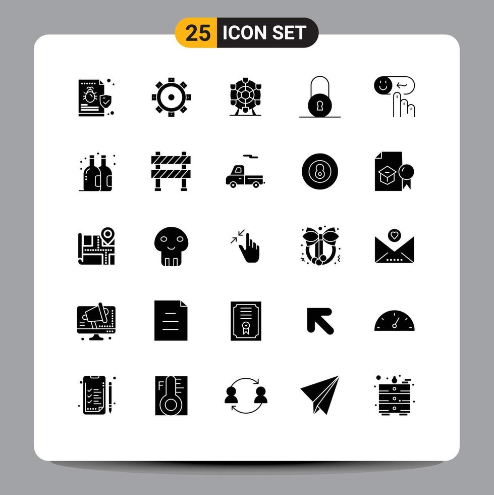 Set of 25 Commercial Solid Glyphs pack for rating happy ferris emotion circular Editable Vector Design Elements