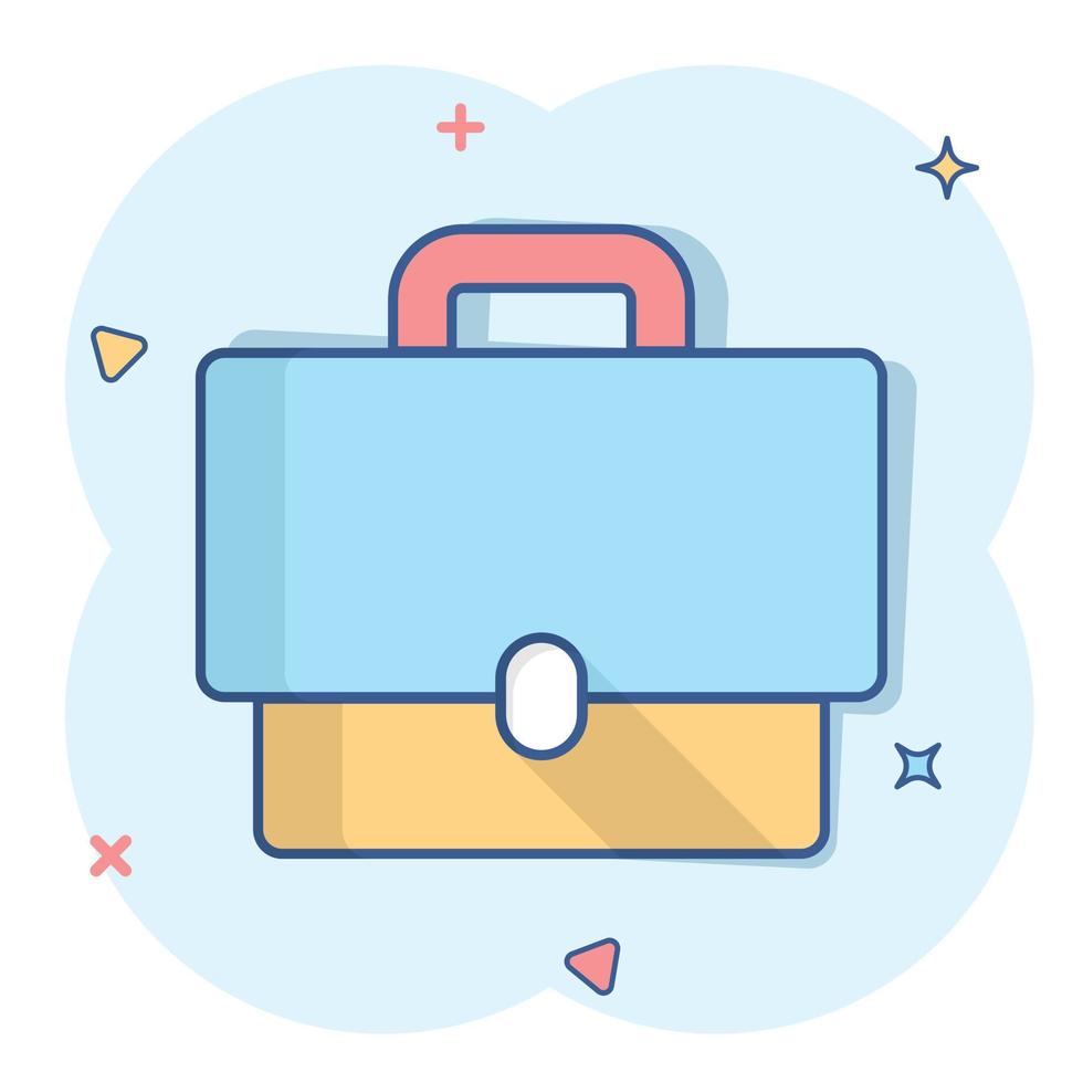 Briefcase sign icon in comic style. Suitcase vector cartoon illustration on white isolated background. Baggage business concept splash effect.