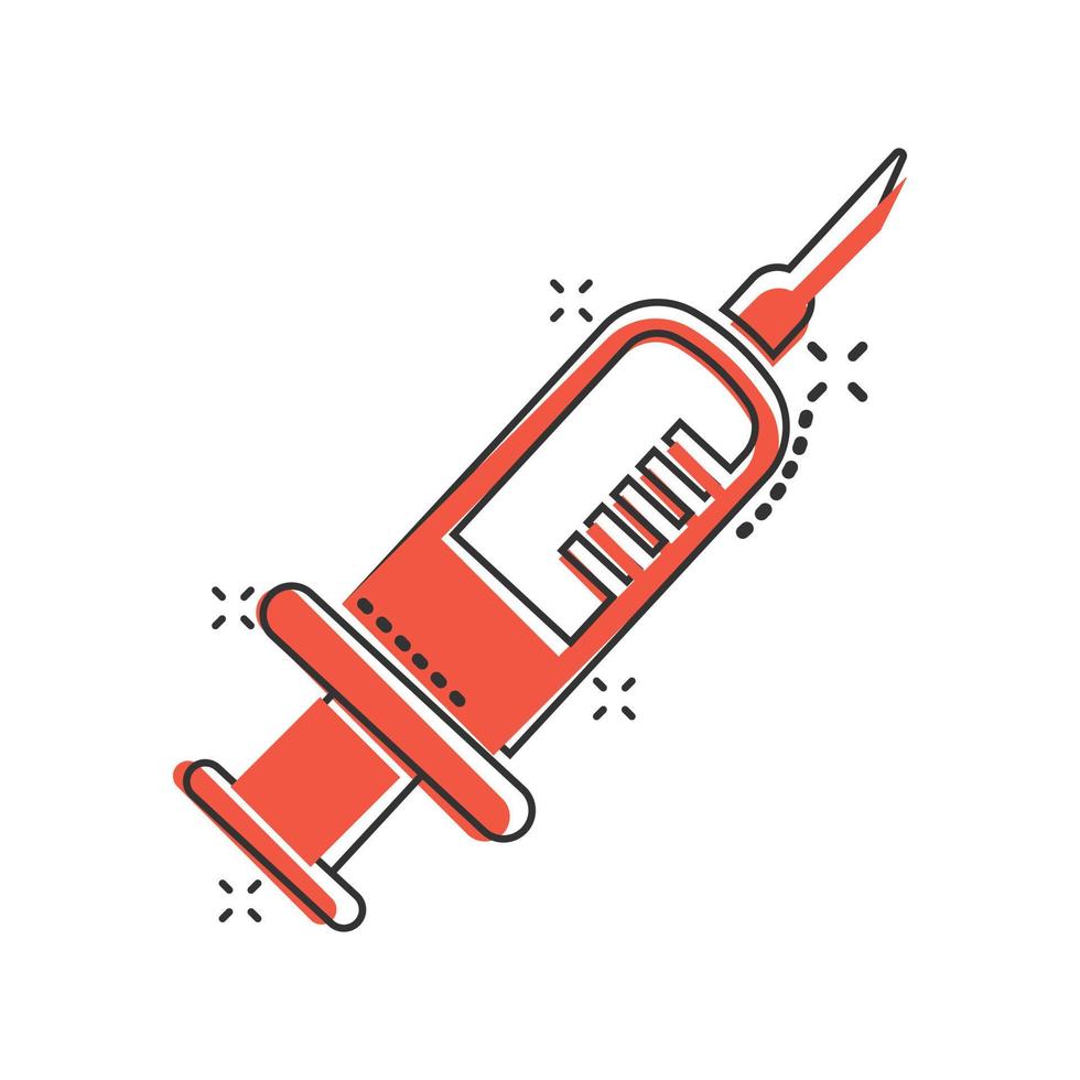 Syringe icon in comic style. Coronavirus vaccine inject cartoon vector illustration on isolated background. Covid-19 vaccination splash effect sign business concept.