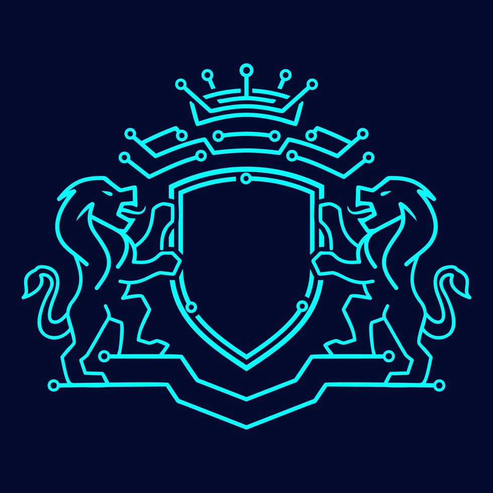logotipo clásico de 2 leones azul claro que sostiene y protege el escudo de tecnología de seguridad vector