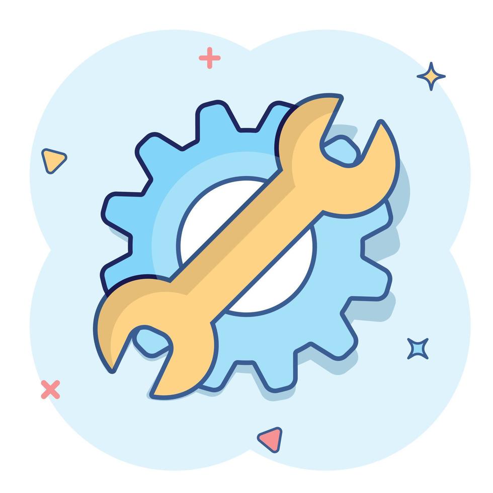 Vector cartoon service tool icon in comic style. Cogwheel with wrench sign illustration pictogram. Workshop business splash effect concept.
