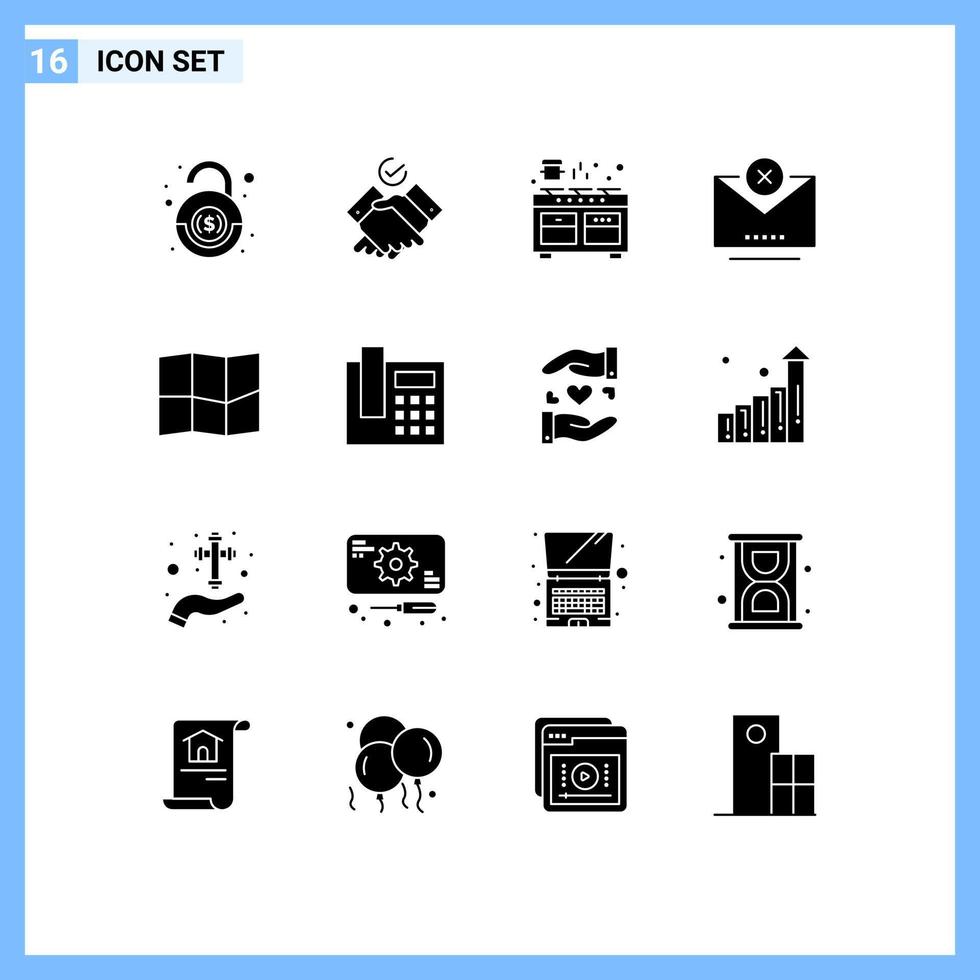 Universal Icon Symbols Group of 16 Modern Solid Glyphs of map email kitchen close block Editable Vector Design Elements