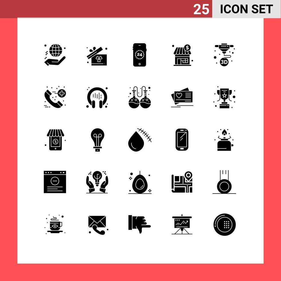 Pack of 25 Modern Solid Glyphs Signs and Symbols for Web Print Media such as print printing ecommerce dollar shopping Editable Vector Design Elements