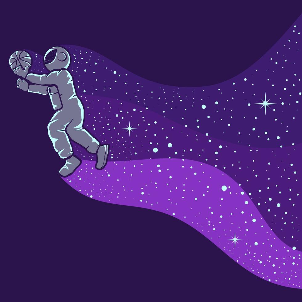 Astronauts playing basketball isolated in purple vector