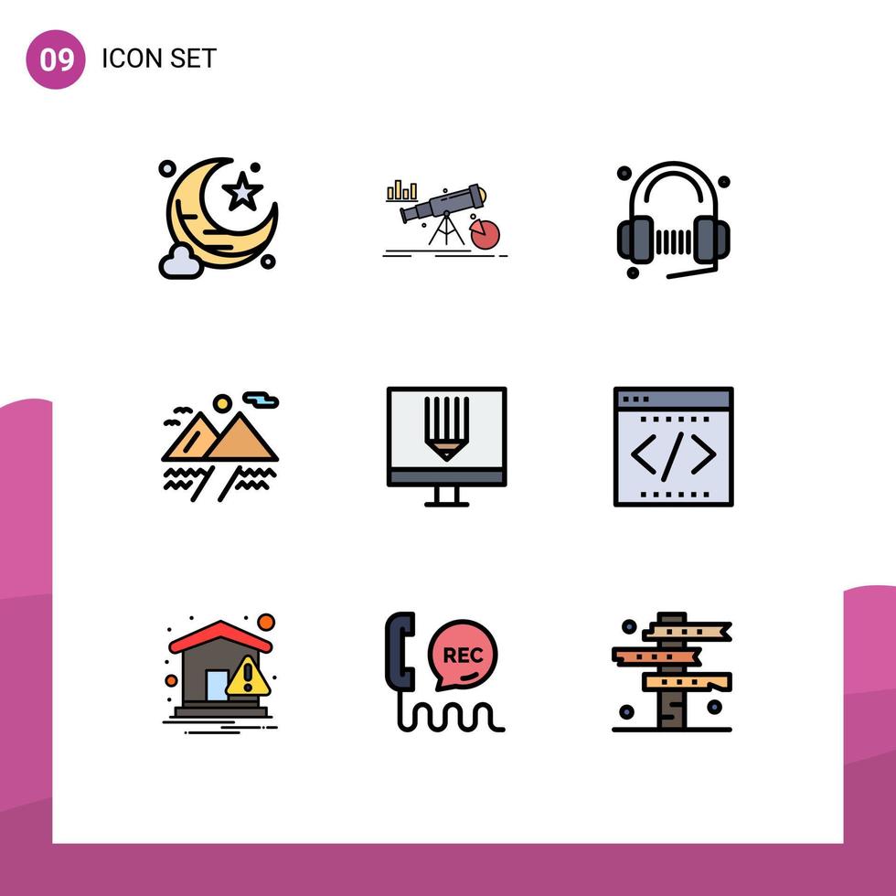 conjunto de 9 iconos de interfaz de usuario modernos signos de símbolos para elementos de diseño de vector editables de canción de nube de cliente de montaña de computadora