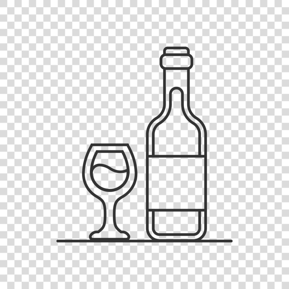 Wine glass and bottle icon in flat style. Champagne beverage vector illustration on isolated background. Cocktail drink sign business concept.