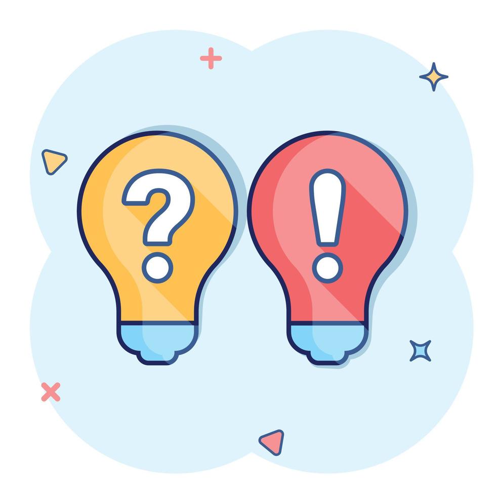 Problem solution icon in comic style. Light bulb idea vector cartoon illustration on isolated background. Question and answer business concept.