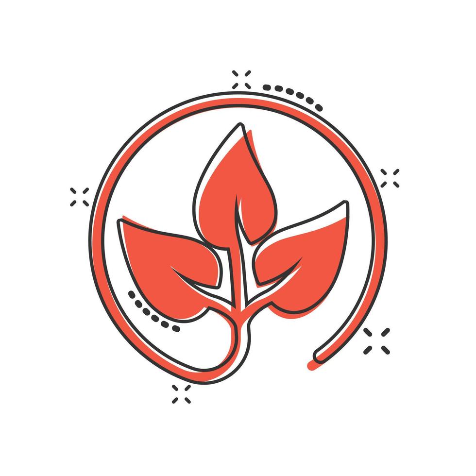 Leaf icon in comic style. Plant cartoon vector illustration on white isolated background. Flower splash effect sign business concept.