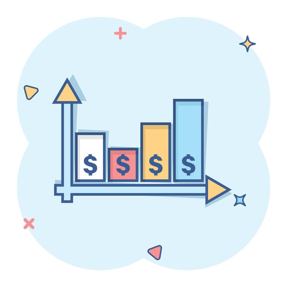 icono de crecimiento de dinero en estilo cómico. Ilustración de vector de dibujos animados de progreso de flecha sobre fondo blanco aislado. concepto de negocio de efecto de salpicadura de carrera.