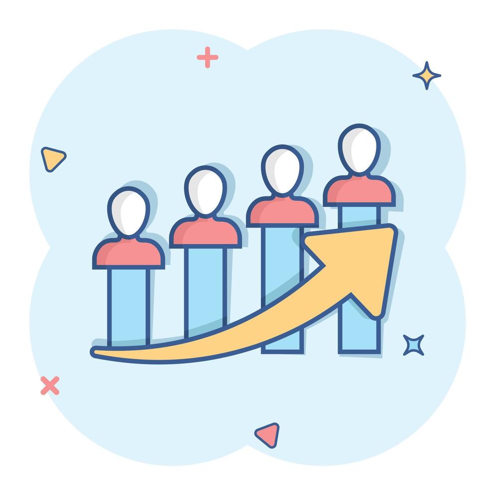 Performance icon in comic style. Career vector cartoon illustration on white isolated background. People with arrow business concept splash effect.