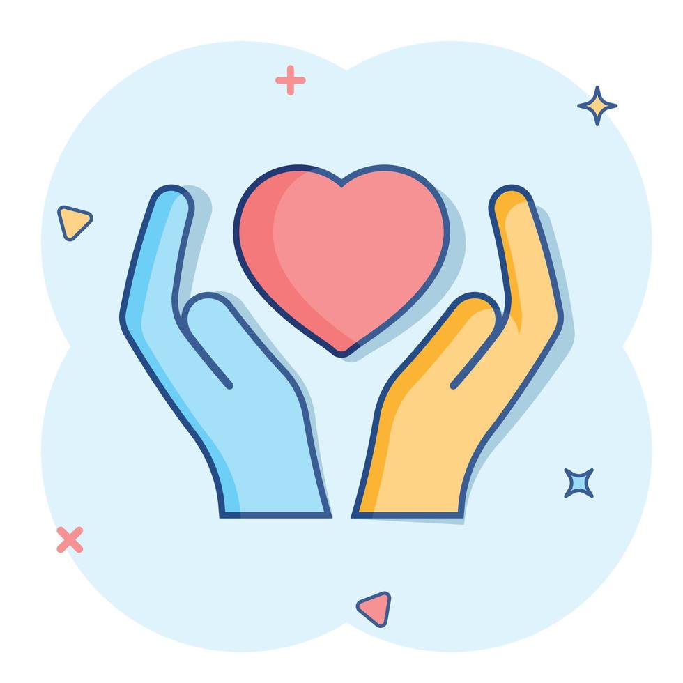 Heart care icon in comic style. Charity vector cartoon illustration on white isolated background. Love in hand business concept splash effect.