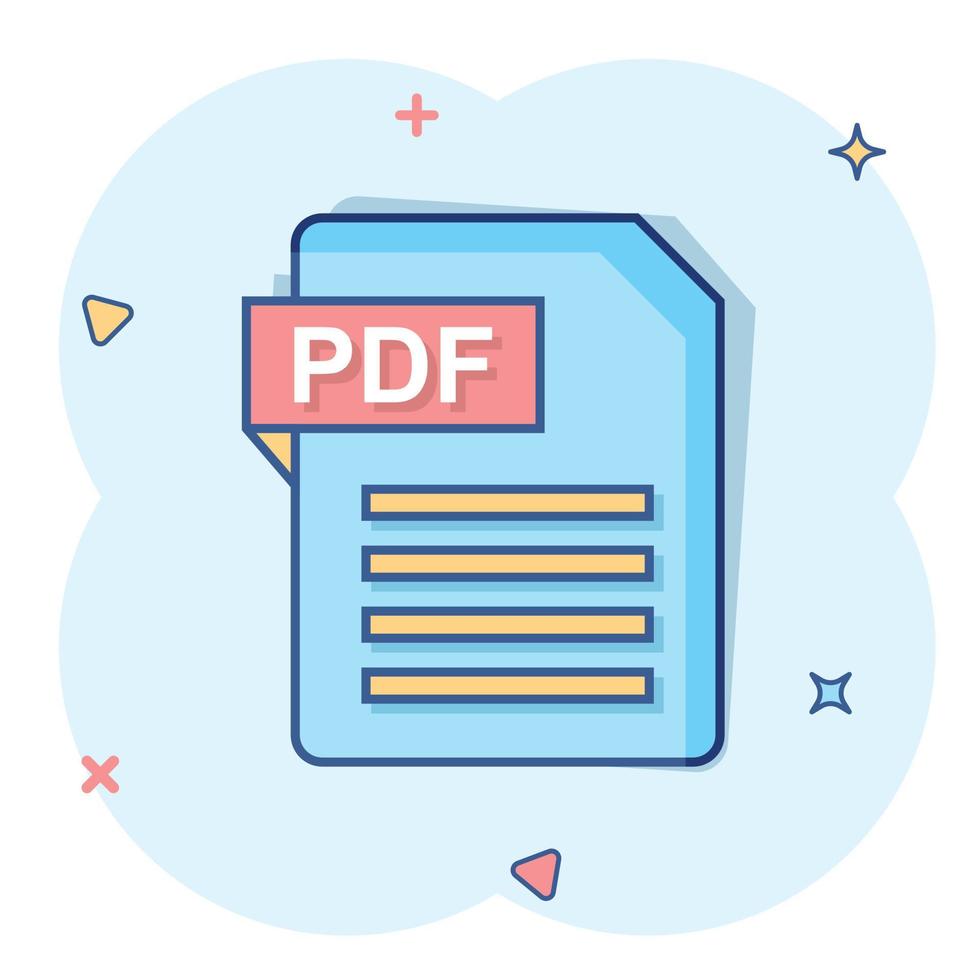 Pdf icon in comic style. Document text vector cartoon illustration on white isolated background. Archive splash effect business concept.