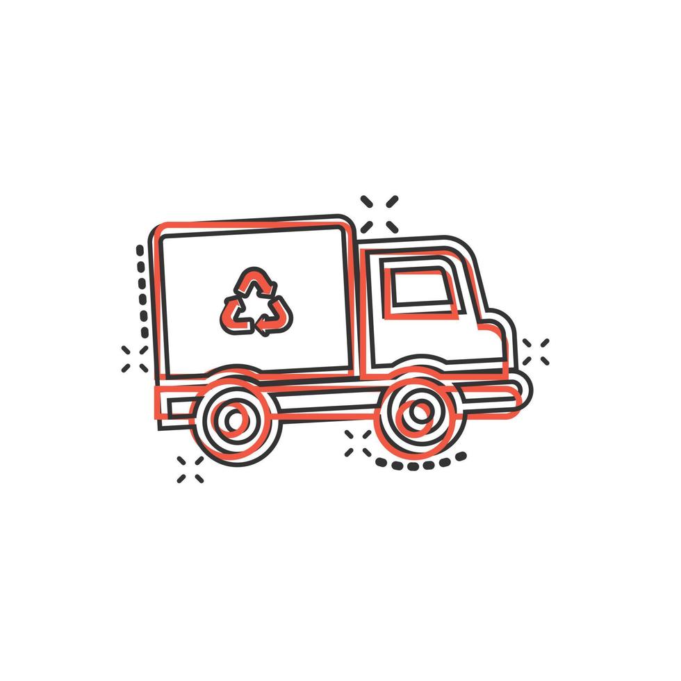 Garbage truck icon in comic style. Recycle cartoon vector illustration on white isolated background. Trash car splash effect sign business concept.