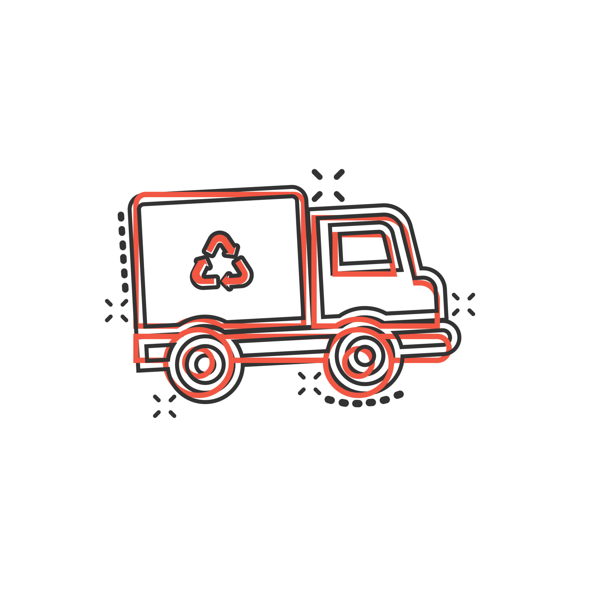 Garbage truck icon in comic style. Recycle cartoon vector illustration