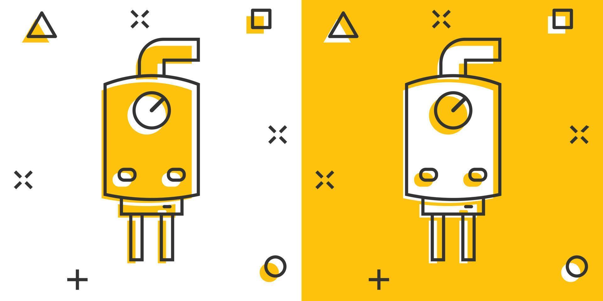 Gas boiler icon in comic style. Heater cartoon vector illustration on isolated background. Boiling splash effect sign business concept.