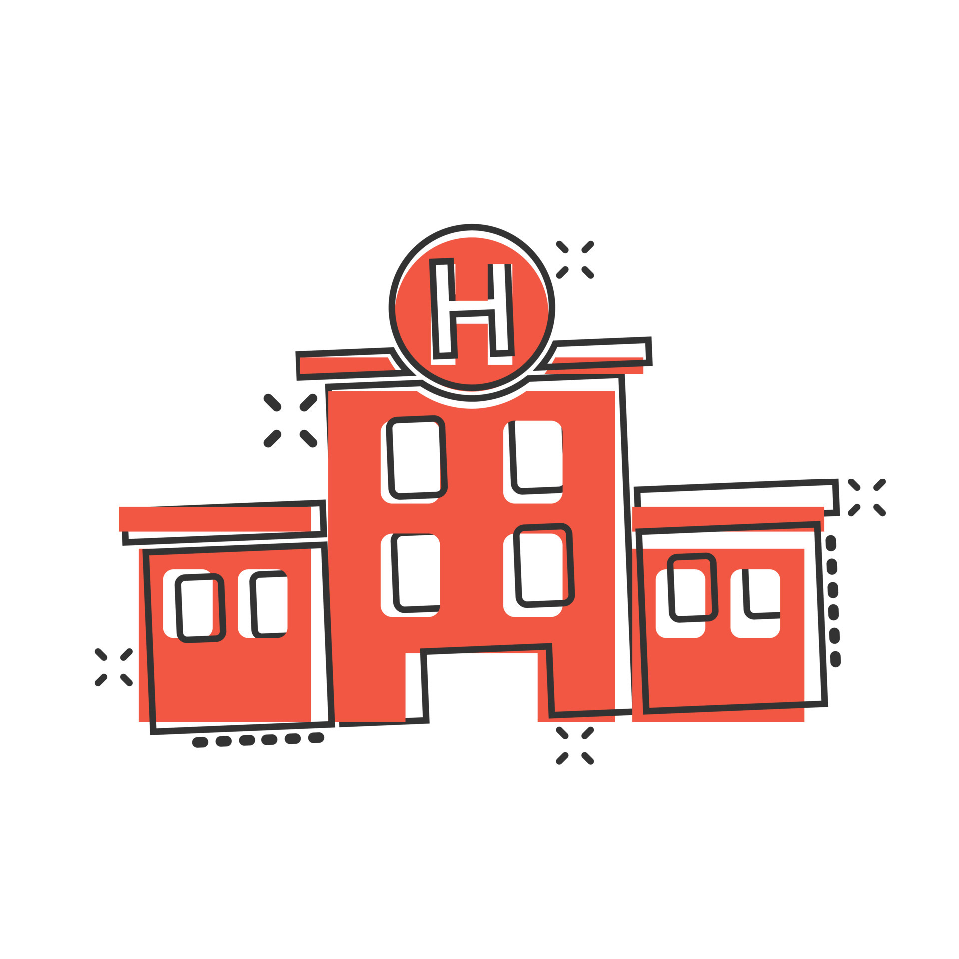 Hospital building icon in comic style. Medical clinic cartoon vector  illustration on isolated background. Medicine splash effect sign business  concept. 16146119 Vector Art at Vecteezy