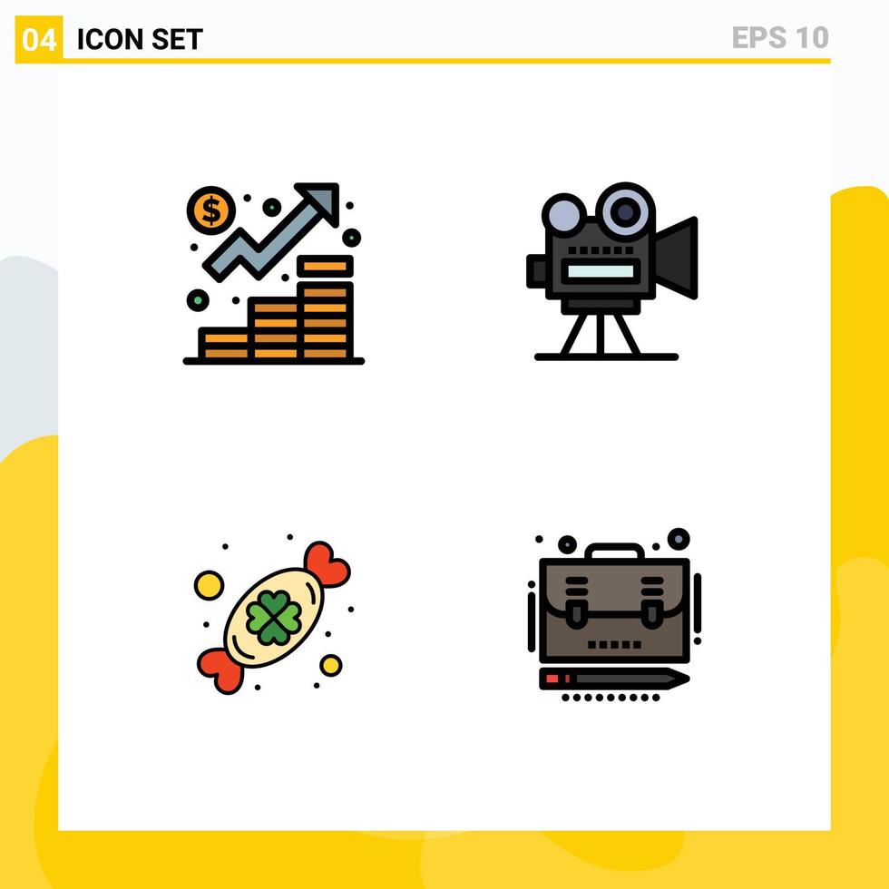 Group of 4 Modern Filledline Flat Colors Set for business candy management film camera day Editable Vector Design Elements