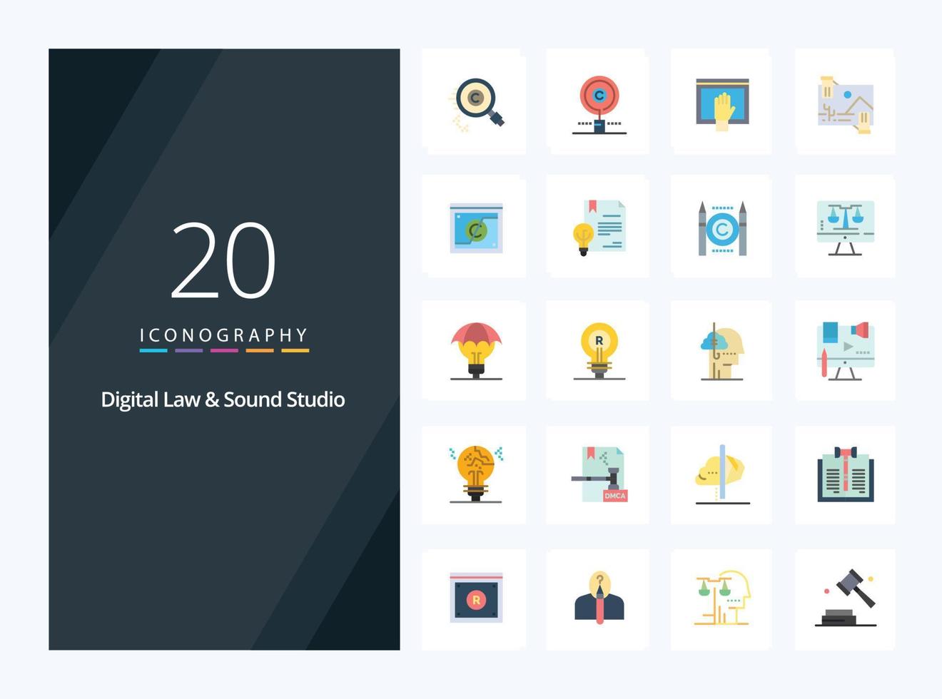 20 Digital Law And Sound Studio Flat Color icon for presentation vector