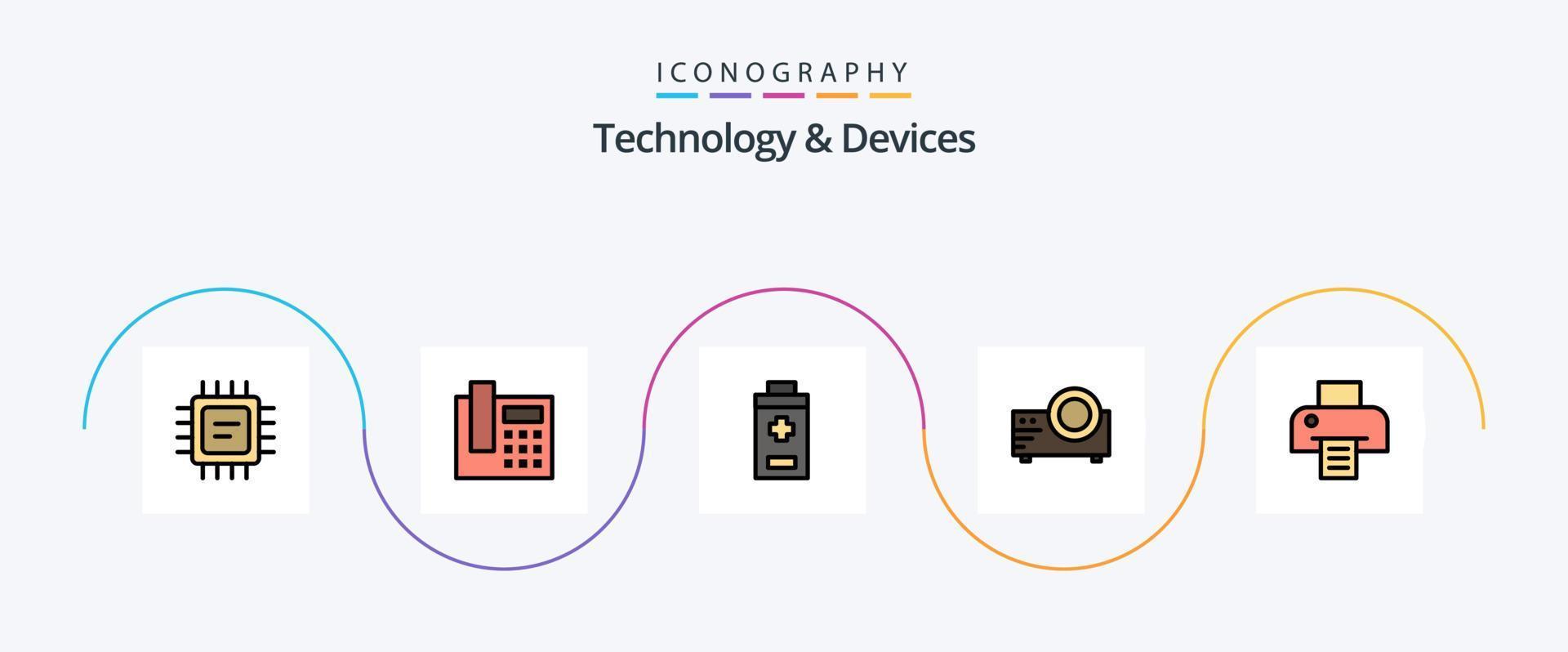 Devices Line Filled Flat 5 Icon Pack Including . print. plus. printing. multi media vector