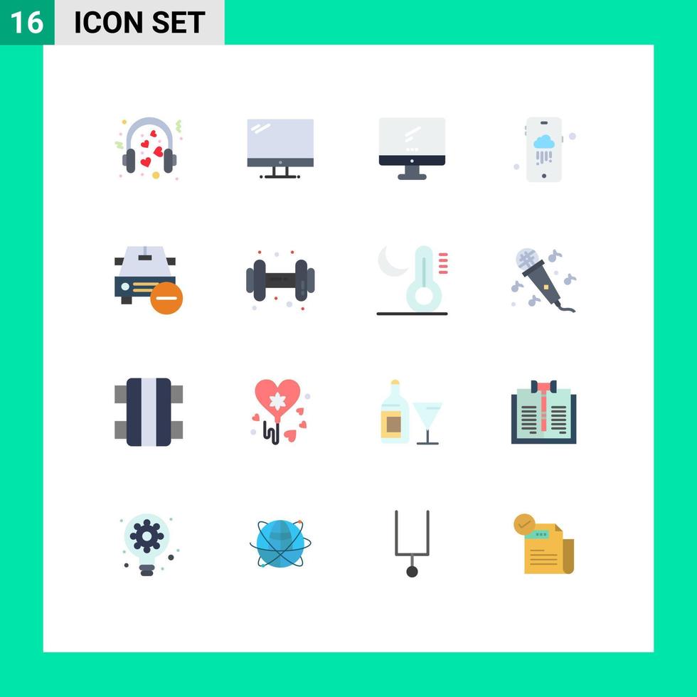 Group of 16 Flat Colors Signs and Symbols for vehicles less imac delete rainy Editable Pack of Creative Vector Design Elements