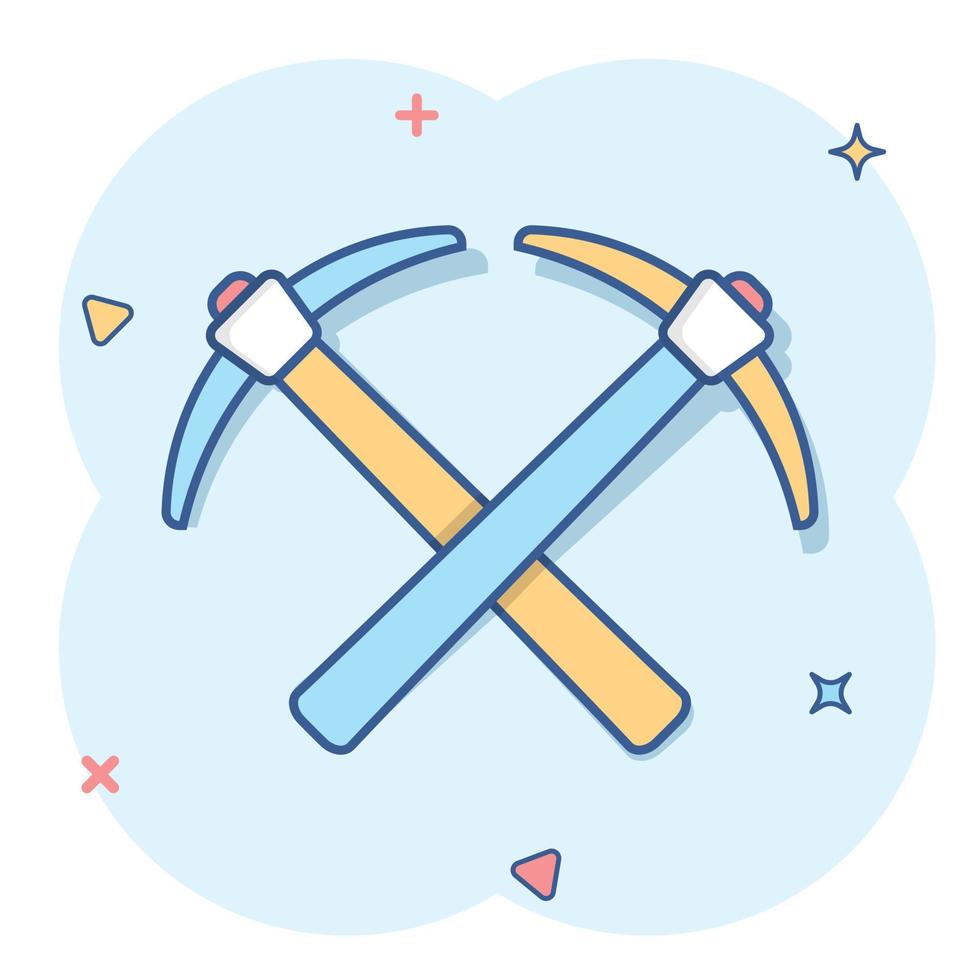 Axe icon in comic style. Lumberjack cartoon vector illustration on white isolated background. Blade splash effect business concept.