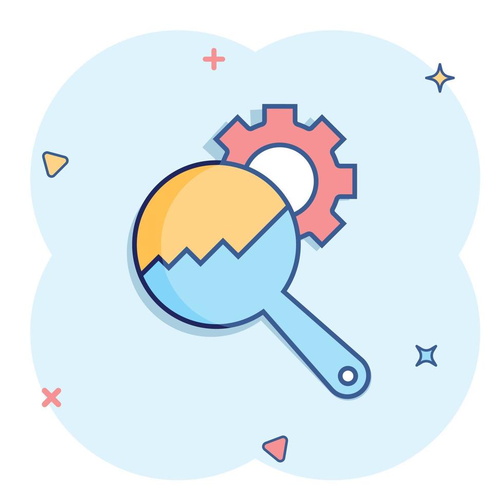 Loupe with gear icon in comic style. Magnifying glass cartoon vector illustration on white isolated background. Seo exploration splash effect business concept.
