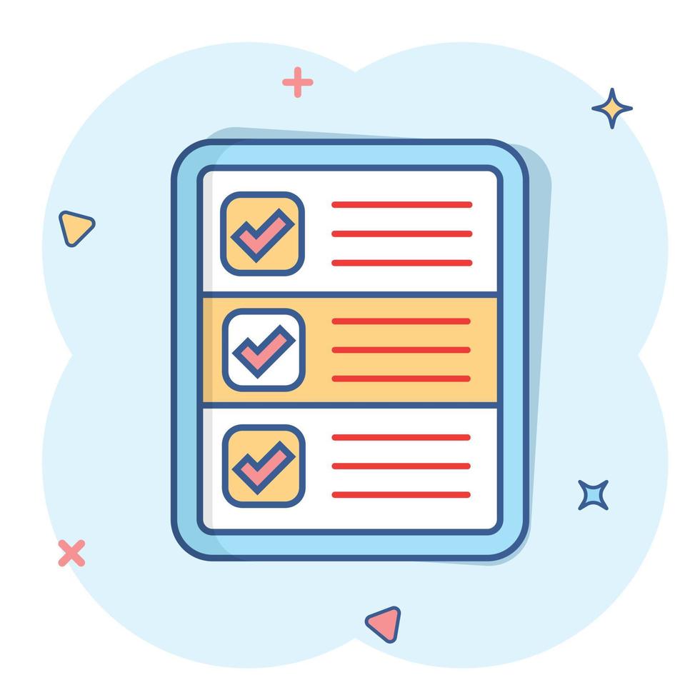 Questionnaire icon in comic style. Online survey vector cartoon illustration on white isolated background. Checklist report splash effect business concept.