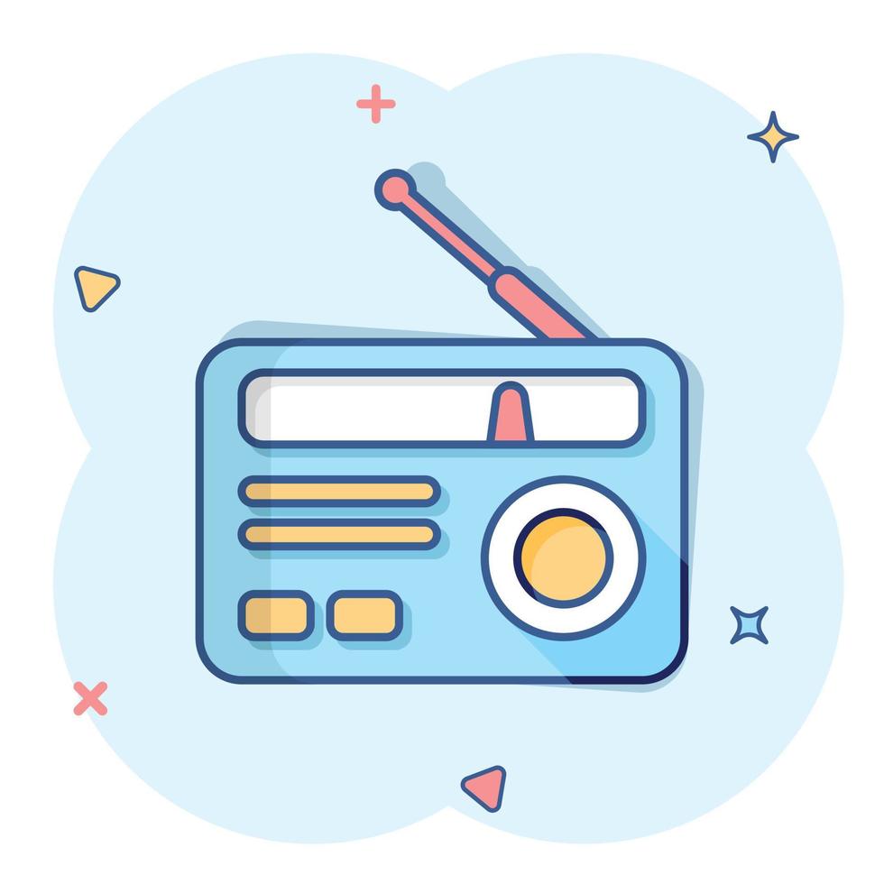 icono de radio en estilo cómico. ilustración de vector de dibujos animados de transmisión fm sobre fondo blanco aislado. concepto de negocio de efecto de salpicadura de radiodifusión.