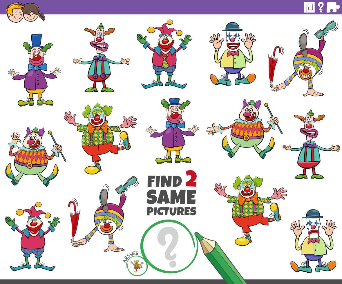 find two same cartoon clown characters educational task vector