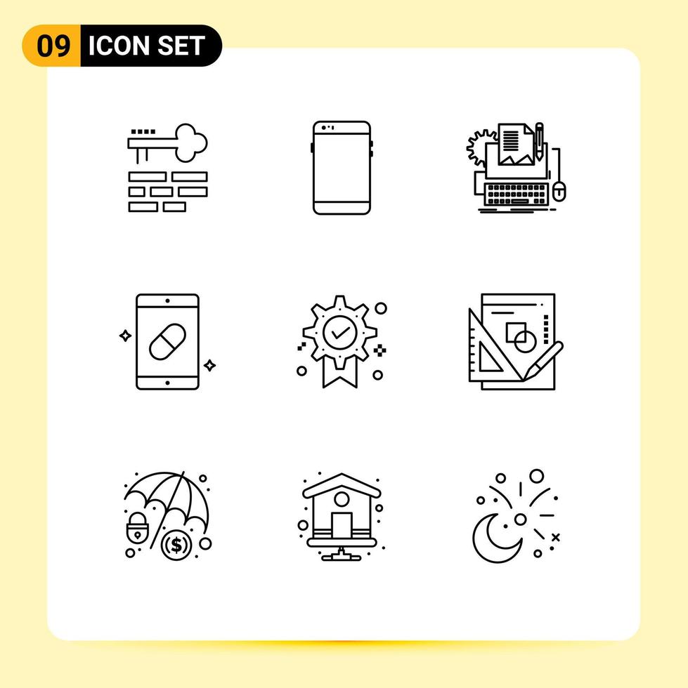 Pictogram Set of 9 Simple Outlines of medicine health samsung mobile paper Editable Vector Design Elements