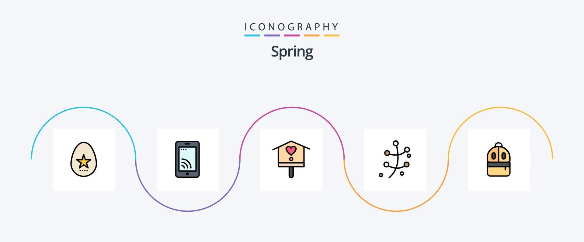 Paquete de 5 iconos planos llenos de línea de primavera que incluye mochila. primavera. pájaro. planta. crecimiento vector