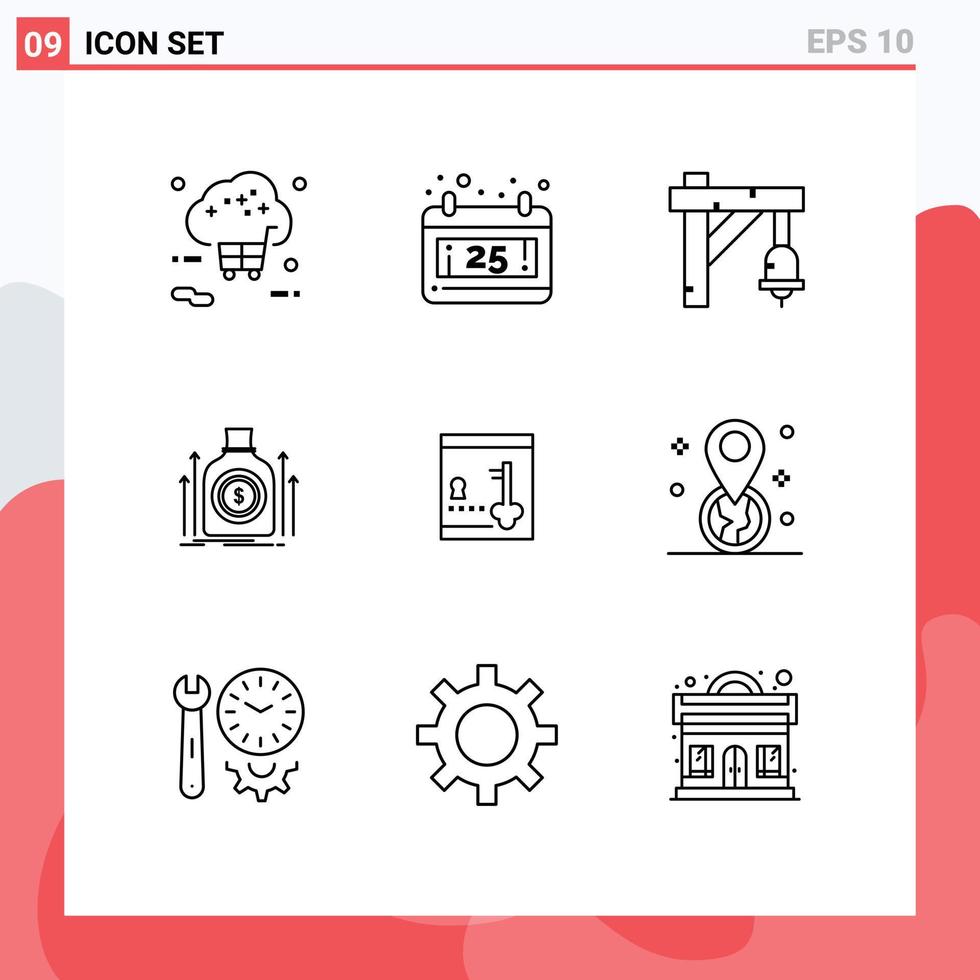 Set of 9 Modern UI Icons Symbols Signs for safe fund bell dollar bag Editable Vector Design Elements