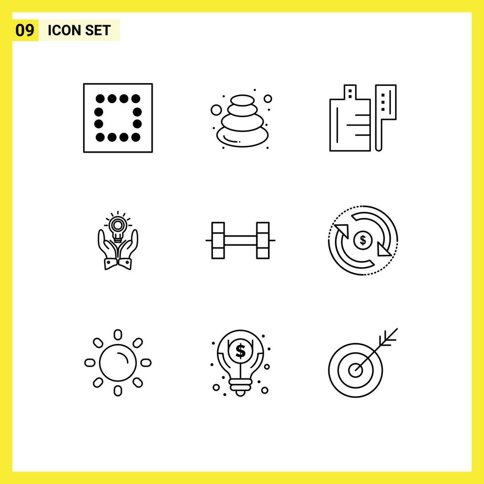 Outline Pack of 9 Universal Symbols of weightlifting marketing preparation idea business Editable Vector Design Elements