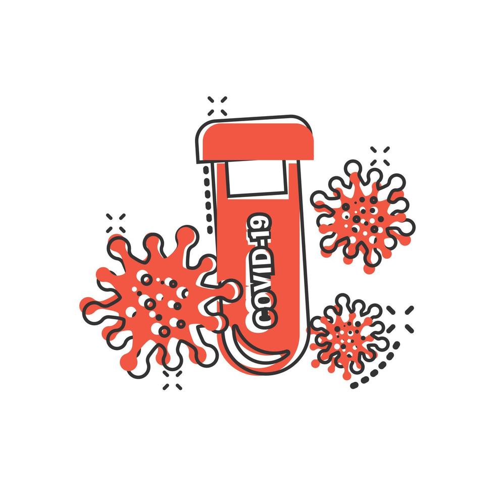 Coronavirus test icon in comic style. covid-19 cartoon vector illustration on isolated background. Medical diagnostic splash effect sign business concept.